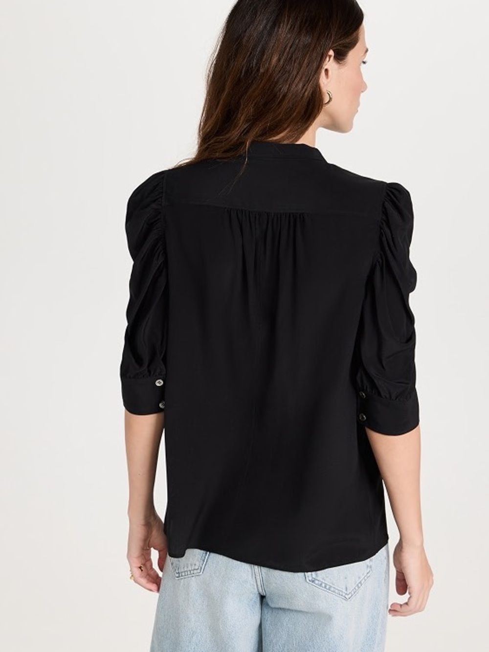 Frame Denim Gillian Silk Black Puff Sleeve Blouse - Picture 2 of 12